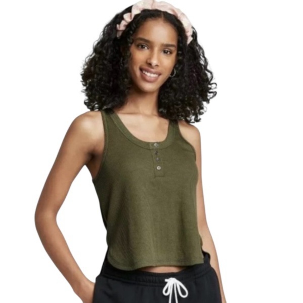Wild Fable SMALL Henley Waffle Knit Thermal Tank Top Sleeveless High Low Green